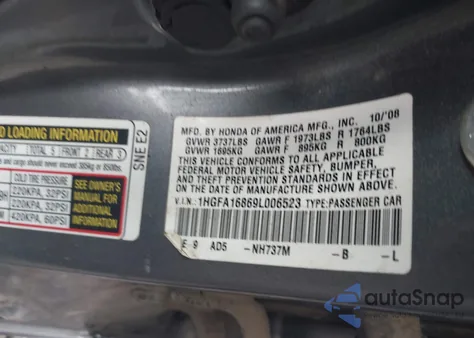 2009 Honda Civic Ex z USA, uszkodzony, nr VIN 1HGFA16869L006523